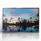 Art Deco poster featuring a Caribbean scenery in muted blue and green tones, silver-framed acrylic print.