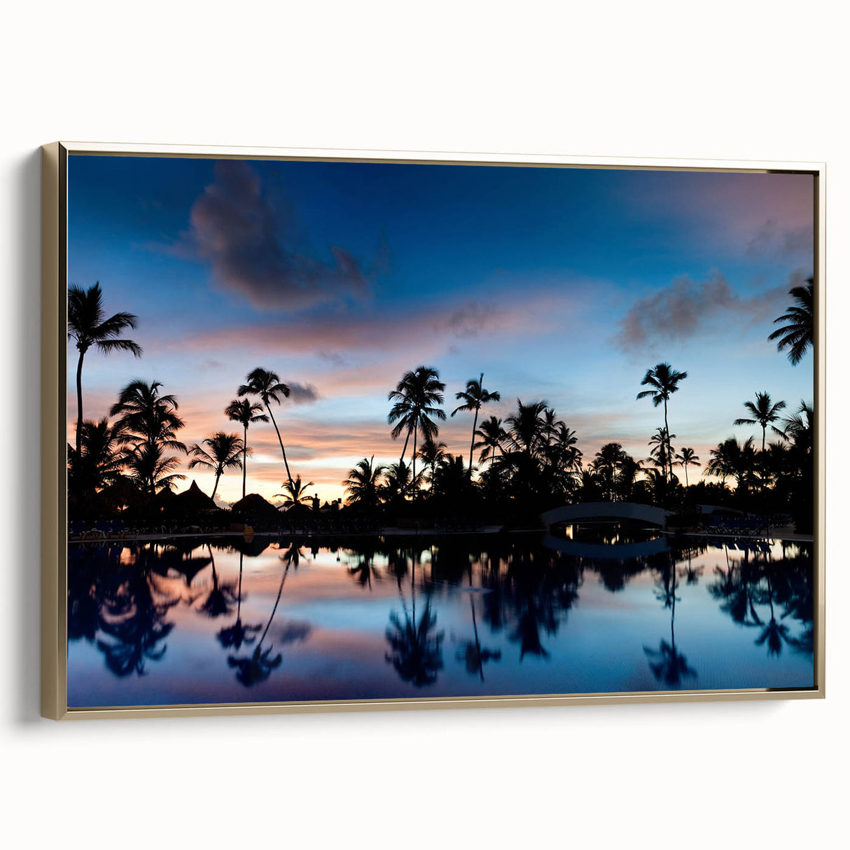 Vintage poster art of a Caribbean scene on framed canvas, featuring vibrant colors and gold accents.