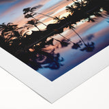 Art deco poster of a Caribbean Haiti scenery in muted blue and green tones on rolled canvas, ideal for dining room wall art.