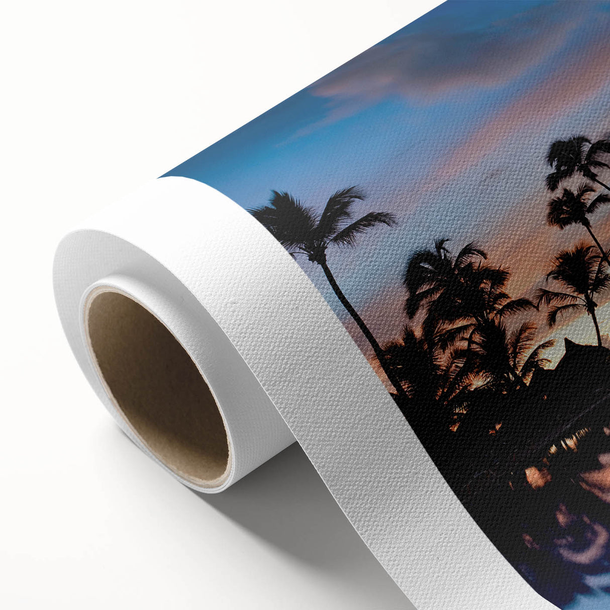 Art deco poster of a Caribbean scenery in pastel blue and green tones on rolled canvas, ideal for nursery wall art.