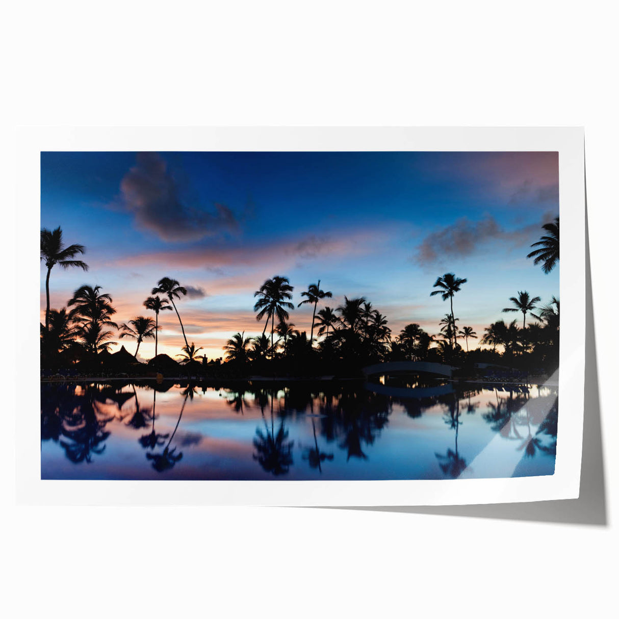 Caribbean scenery with vibrant floral elements on a rolled print, suitable for art wall dining room.