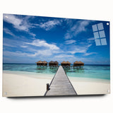 Acrylic print of a Caribbean Martinique landscape, using vibrant blue and green tones, ideal for dining room decor.