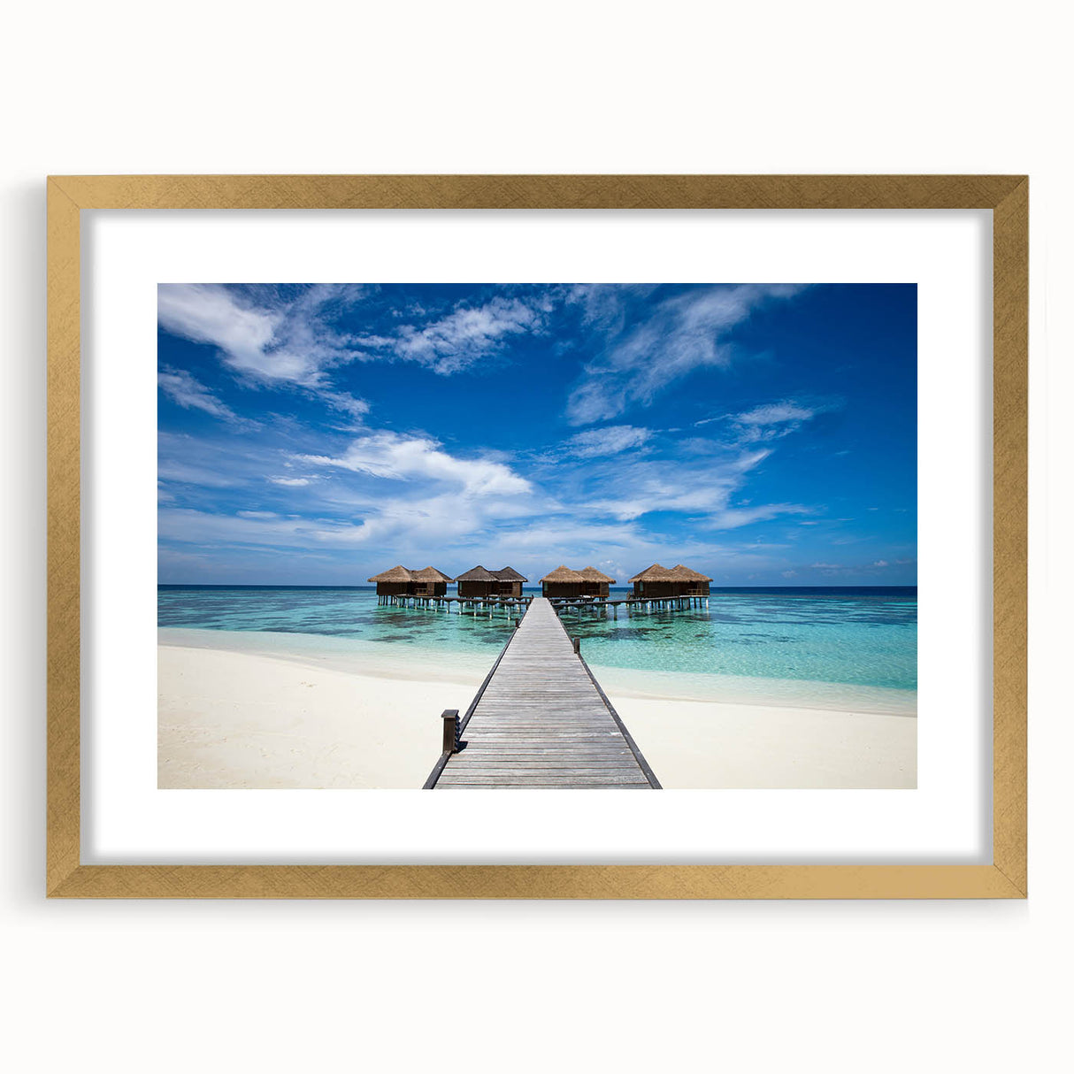 Abstract art print of Caribbean Martinique scenery in gold frame with mat, featuring blue and green tones.