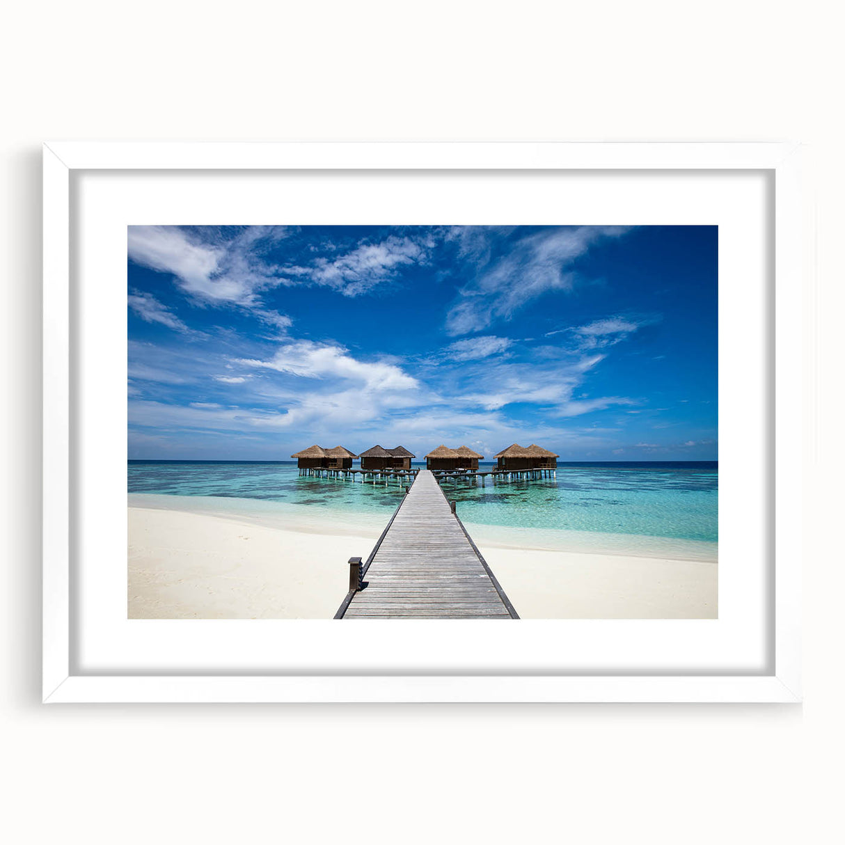 Abstract textured art print of Caribbean scenery in white frame, featuring vibrant blue and green tones.