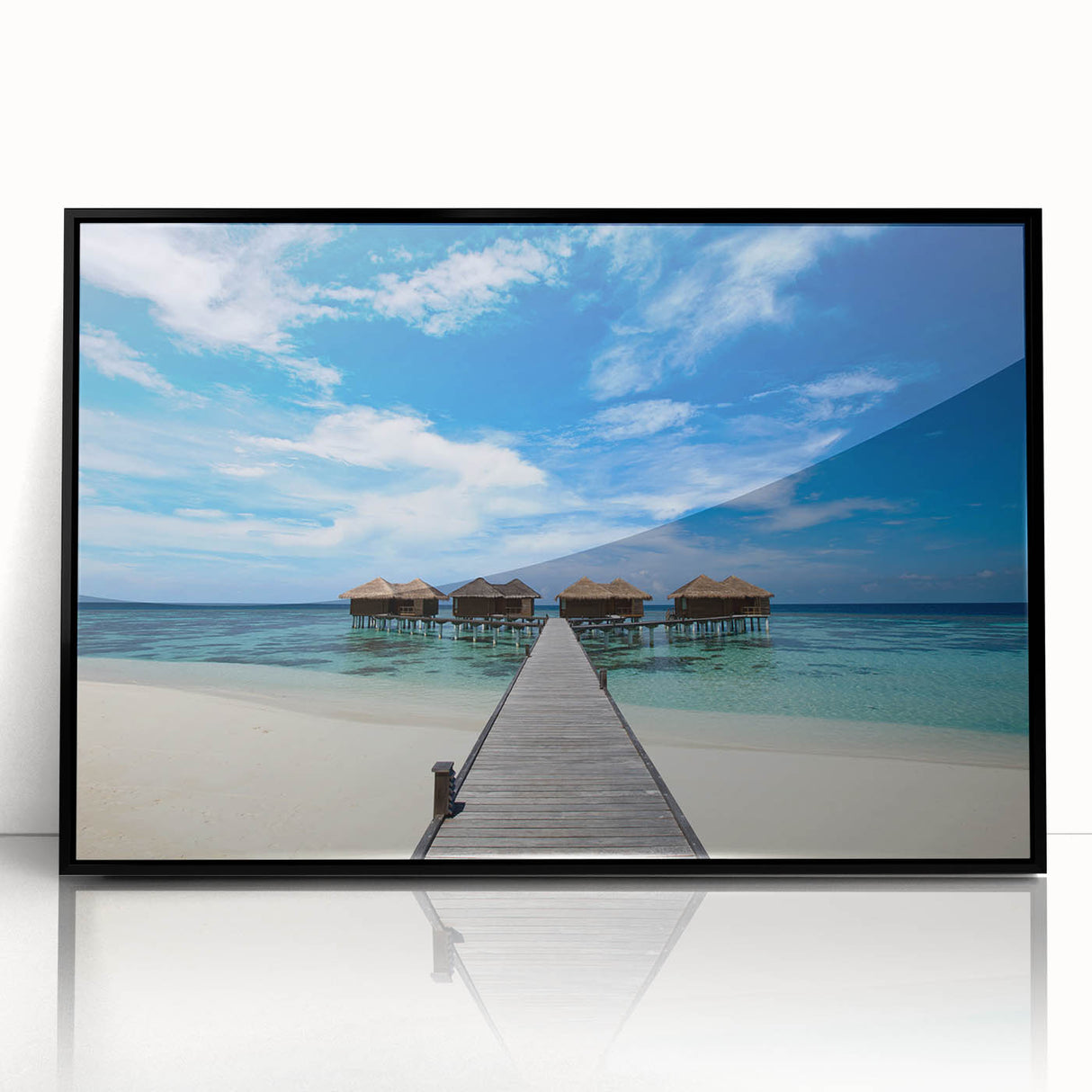 Large abstract wall art depicting a Caribbean Martinique scenery in muted green and blue tones, framed in black acrylic.