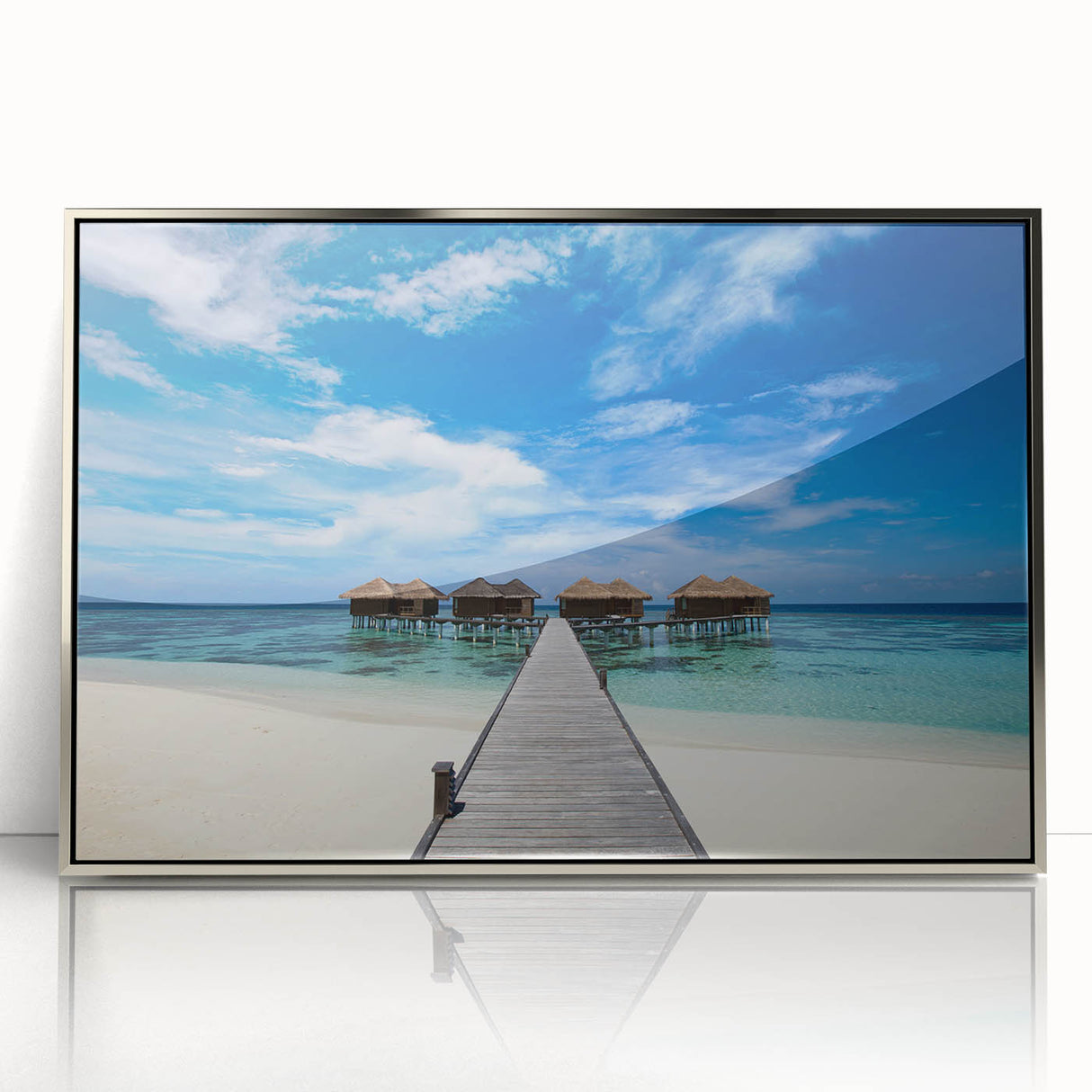 Art Deco style poster of Caribbean Martinique scenery on silver-framed acrylic, featuring vibrant oceanic and palm tree hues.