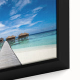 Extra large black wall art depicting a Caribbean scenery in vibrant colors on a textured framed canvas.