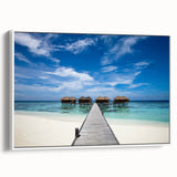 Landscape art painting of a Caribbean beach scene on a framed canvas, featuring vibrant blue and green tones.