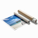 Extra large rolled print of a Caribbean beach scene with vibrant blues and greens, ideal for classy bathroom wall art.