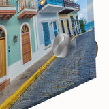 Large abstract wall art of Caribbean scenery on acrylic glass, featuring vivid blue and green tones.