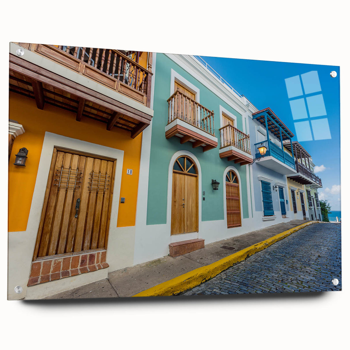 Acrylic print of a Caribbean scenery with vibrant blue and green tones, suitable for bedroom or dining room decor.