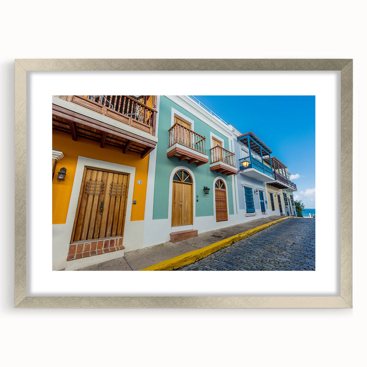 Extra large abstract art print of Caribbean scenery in textured style, framed with silver mat, ideal for living room decor.
