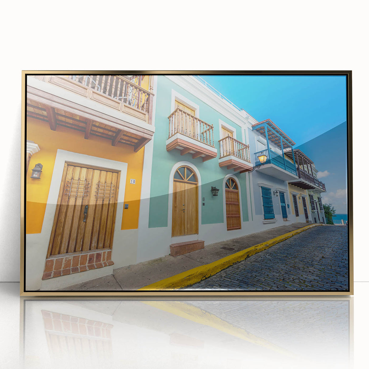 Mid-century modernist art depicting a serene Puerto Rican landscape in pastel shades on a framed acrylic panel.