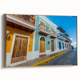 Framed canvas depicting a vintage-style Puerto Rican landscape in muted gold and black, ideal for bedroom wall art.