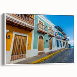 Vintage poster art of a Caribbean scene in vibrant colors on a framed canvas, ideal for living room decor.
