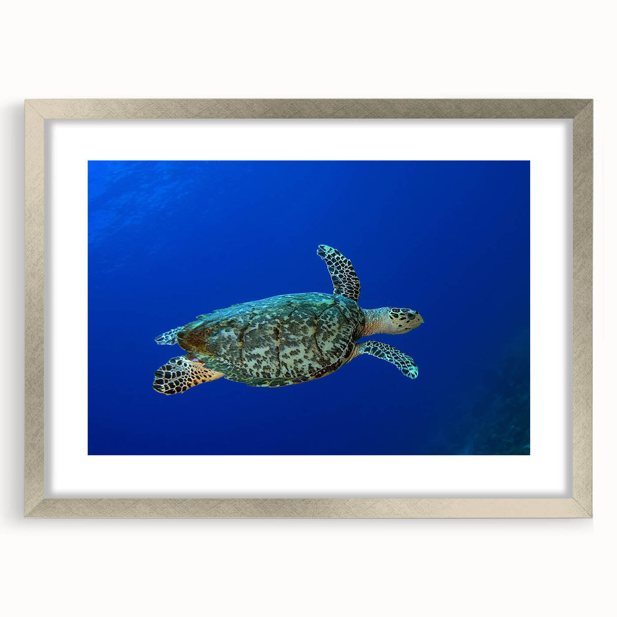 Extra large abstract art print of Caribbean scenery in a silver frame, featuring textured blue and green hues.