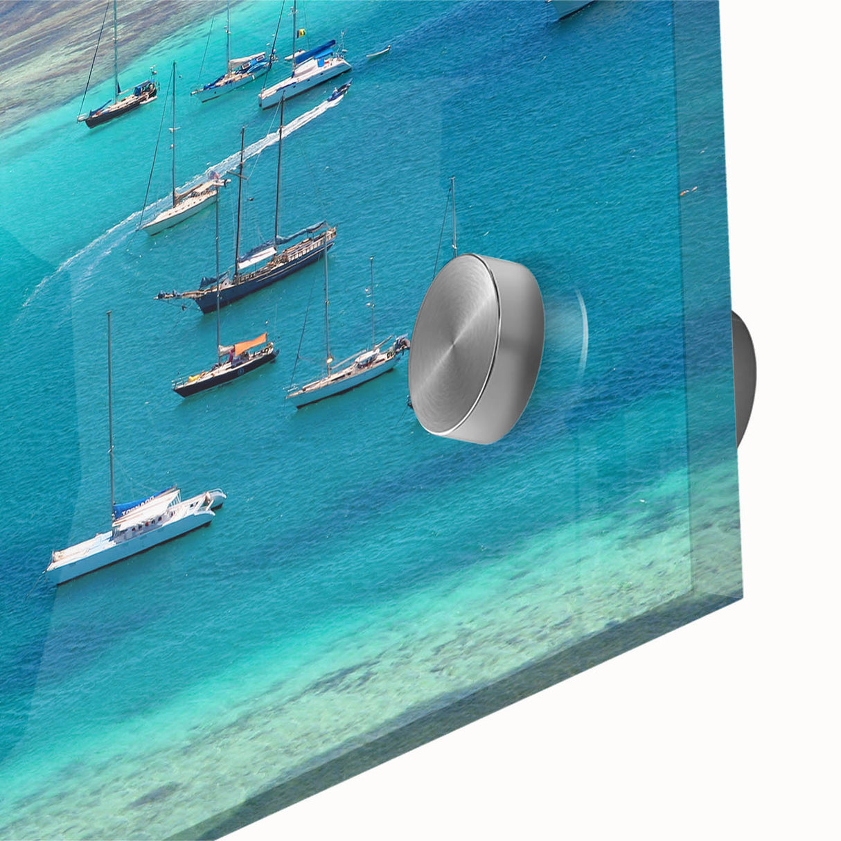 Large abstract wall art depicting Caribbean scenery in vibrant blue and green tones on acrylic glass.
