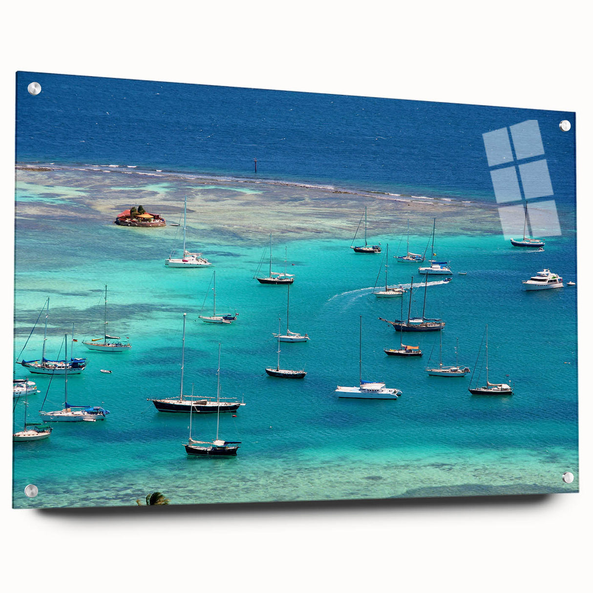 Acrylic print of a Caribbean scenery featuring calm blue waters and lush green islands, suited for dining room decor.