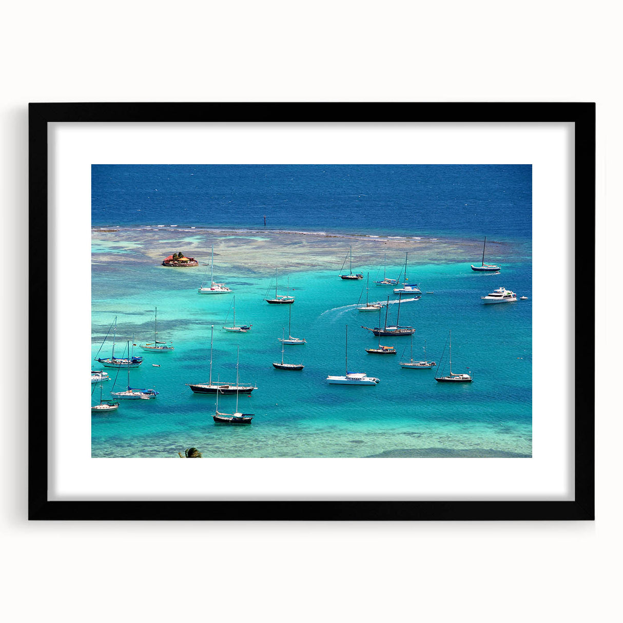 Abstract art print of vibrant Caribbean scenery in textured colors on a large framed canvas, ideal for living room decor.