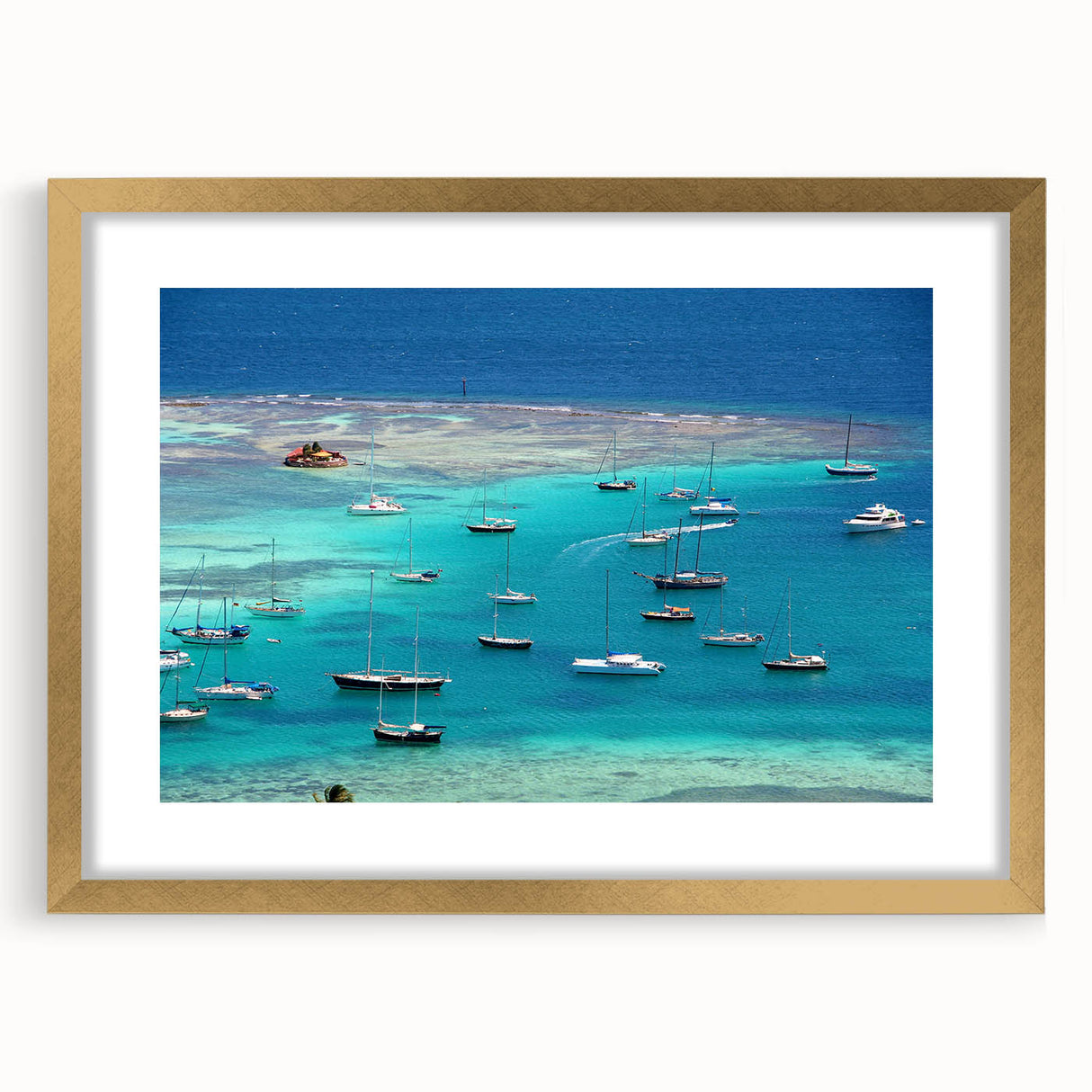 Abstract art print of Caribbean scenery in muted blue and green tones on a framed canvas, suitable for dining room decor.