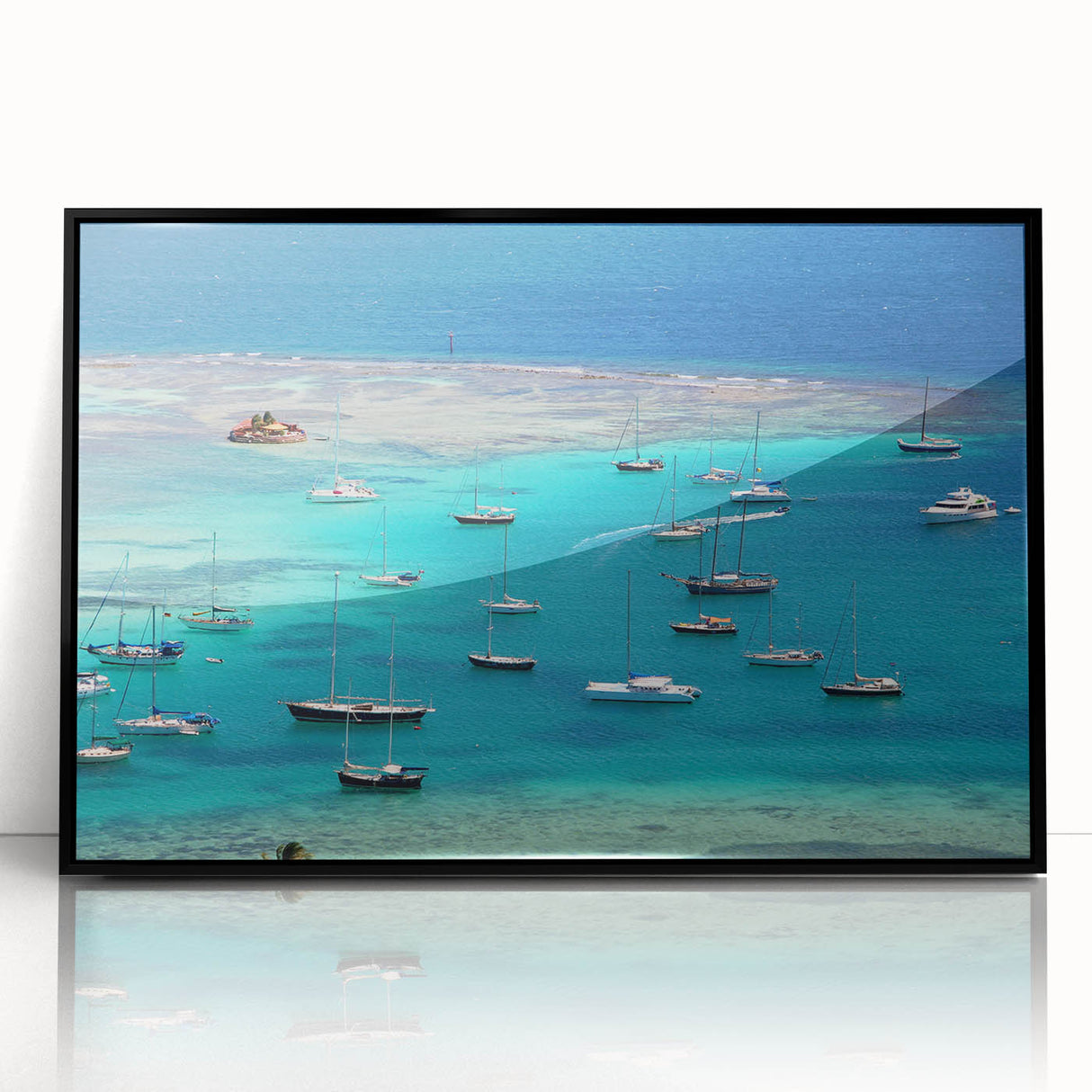 Large abstract wall art depicting Caribbean scenery on framed acrylic, with vibrant blue and green tones.