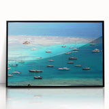 Large abstract wall art depicting Caribbean scenery on framed acrylic, with vibrant blue and green tones.