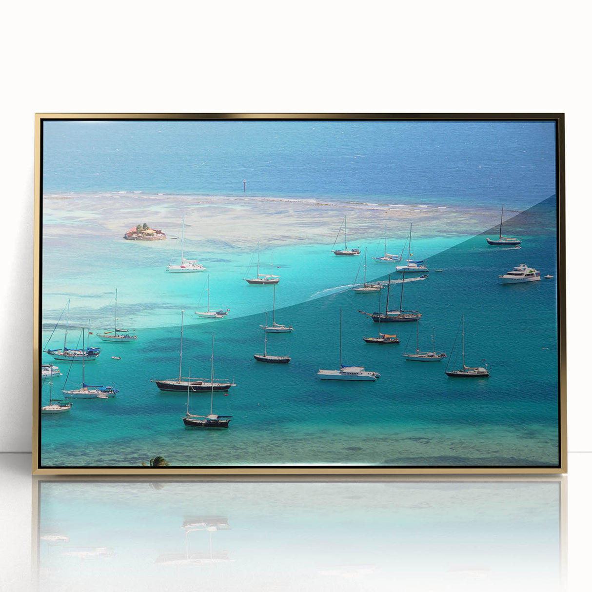 Art deco poster featuring a Caribbean scenery of Saint Vincent in gold framed acrylic, ideal for modern art wall decor.