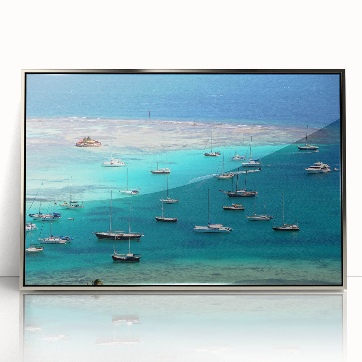 Framed acrylic print of Caribbean Saint Vincent scenery in muted blue and green tones, suitable for modern art wall decor.