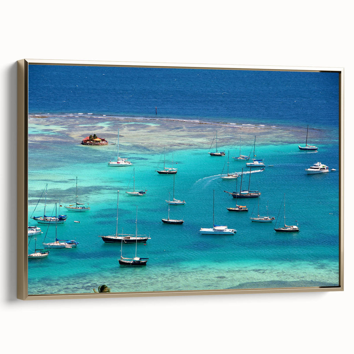 Framed canvas wall art featuring a vintage-style landscape of Saint Vincent with predominant black and gold tones.