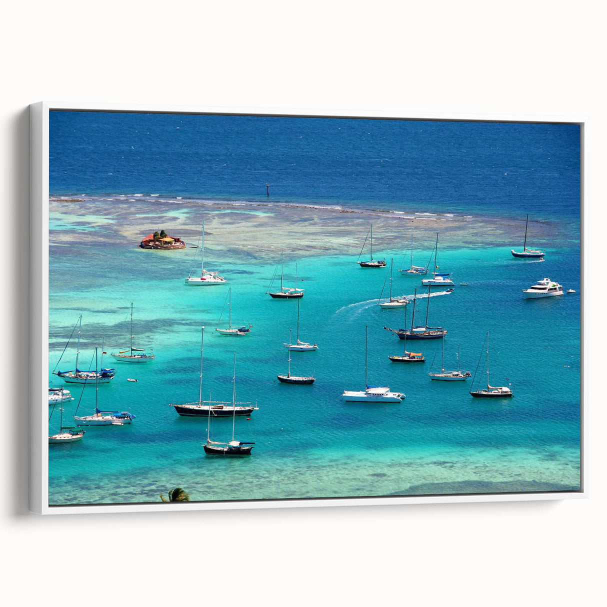 Vintage poster art of Caribbean Saint Vincent scenery on framed canvas, featuring vibrant colors.