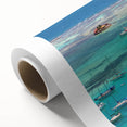 Art deco poster of Caribbean Saint Vincent scenery in vibrant blues and greens, printed on rolled canvas.