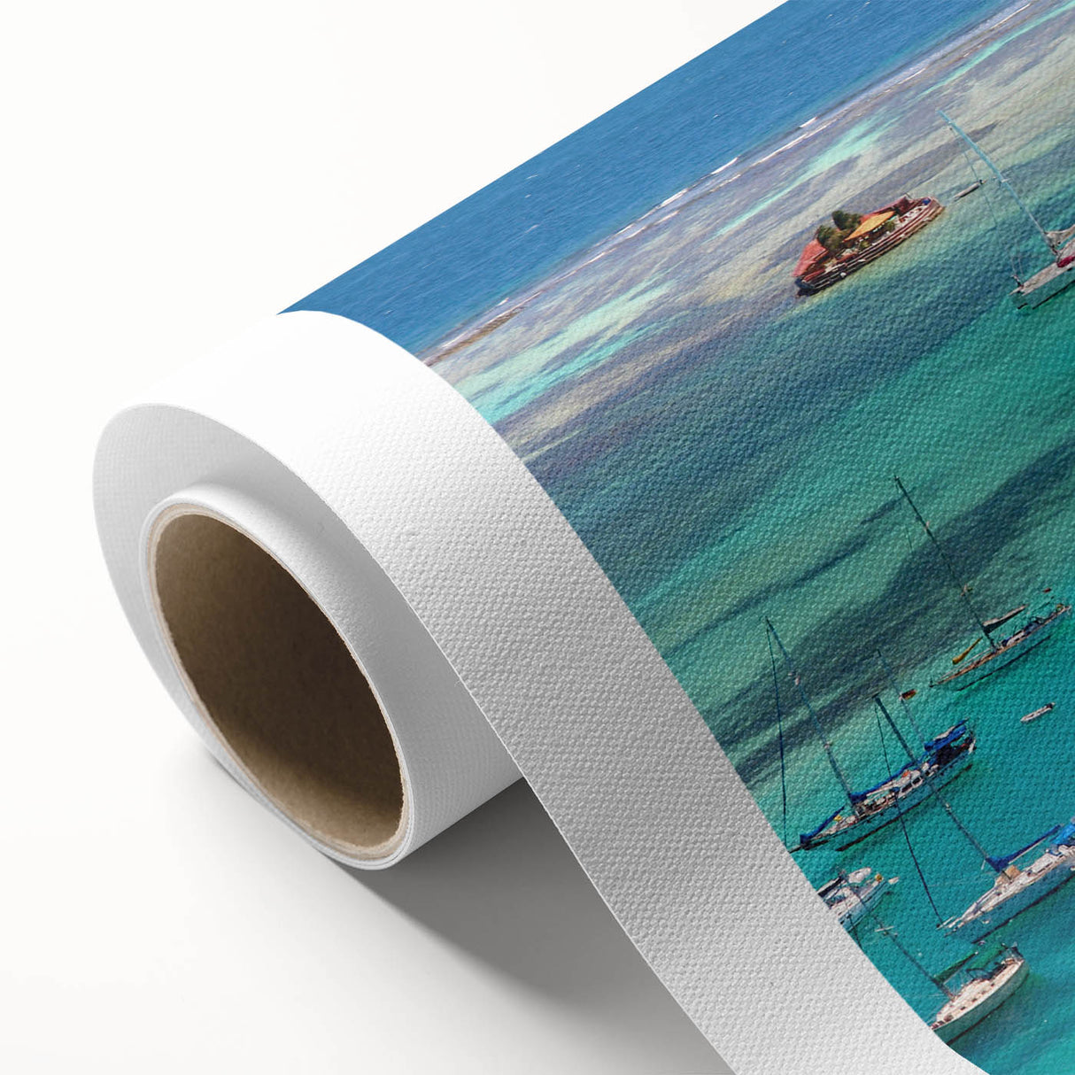Art deco poster of Caribbean Saint Vincent scenery in vibrant blues and greens, printed on rolled canvas.