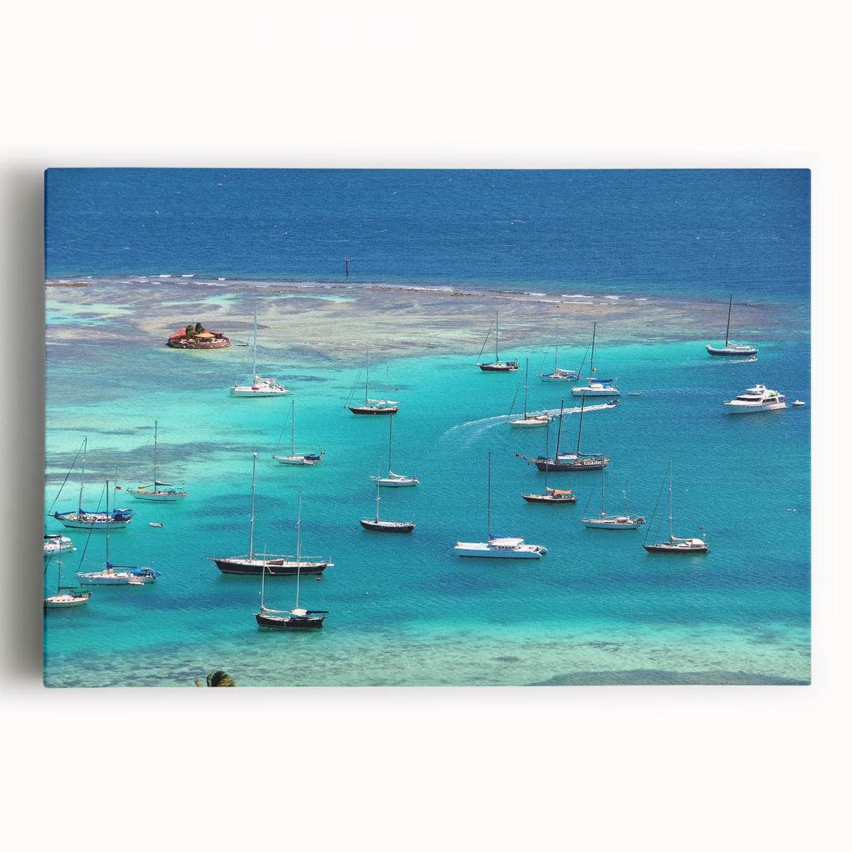 Black and white stretched canvas featuring a serene Caribbean beach scene, ideal for kitchen wall art or bedroom ambiance.