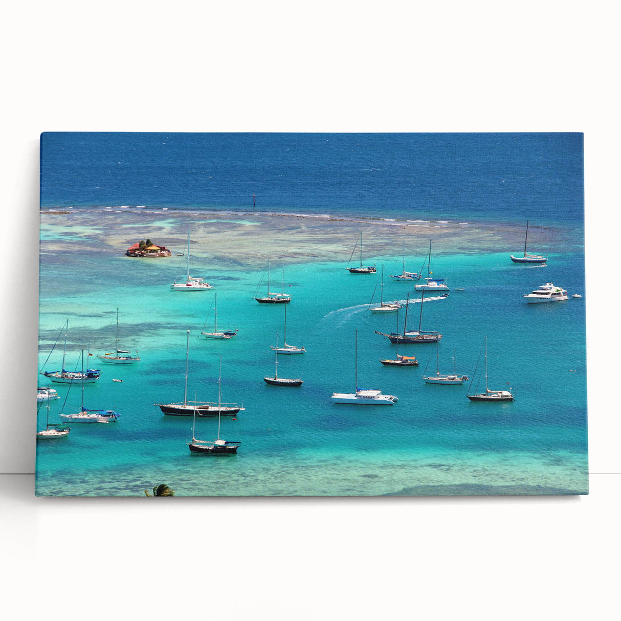Large black and white print of Caribbean scenery on stretched canvas, ideal for kitchen wall art.