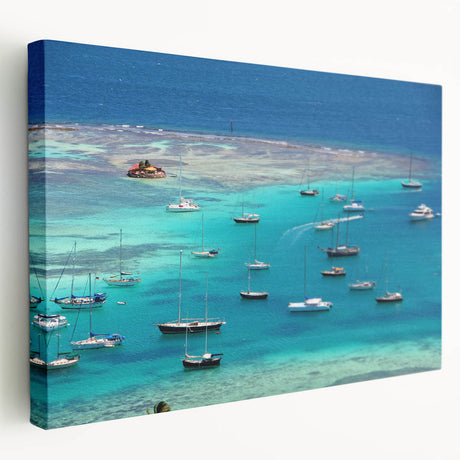 Large stretched canvas depicting a serene Caribbean beach scene with vivid blue and green tones, ideal for kitchen wall art.