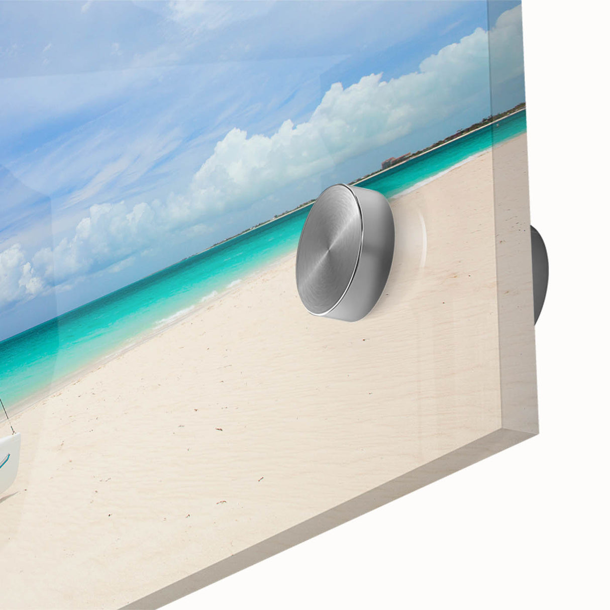 Acrylic print of a large abstract Caribbean seascape in vibrant blue and turquoise hues, ideal for dining room art.