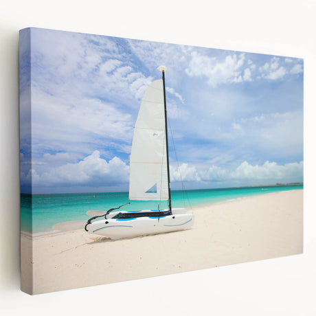 Caribbean beach scene on stretched canvas, featuring turquoise waters and white sands, ideal for kitchen wall art.
