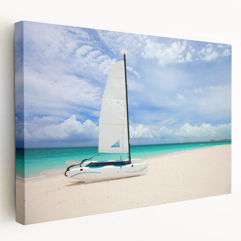 Caribbean beach scene on stretched canvas, featuring turquoise waters and white sands, ideal for kitchen wall art.