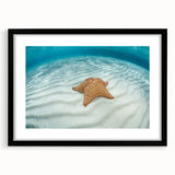 Colorful abstract art print of the Caribbean Virgin Islands in a large black frame with mat, ideal for living room decor.