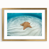 Abstract art print of the Caribbean Virgin Islands in muted blue and green tones, framed in gold.