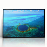 Large abstract wall art depicting a vibrant Belize scenery in mid-century modernist style on a black framed acrylic print.