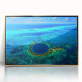 Framed acrylic print of a Belize landscape in muted earth tones, ideal for modern art wall decor.