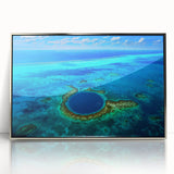 Mid-century modernist art depicting a Central American landscape in muted earth tones, framed in silver acrylic.