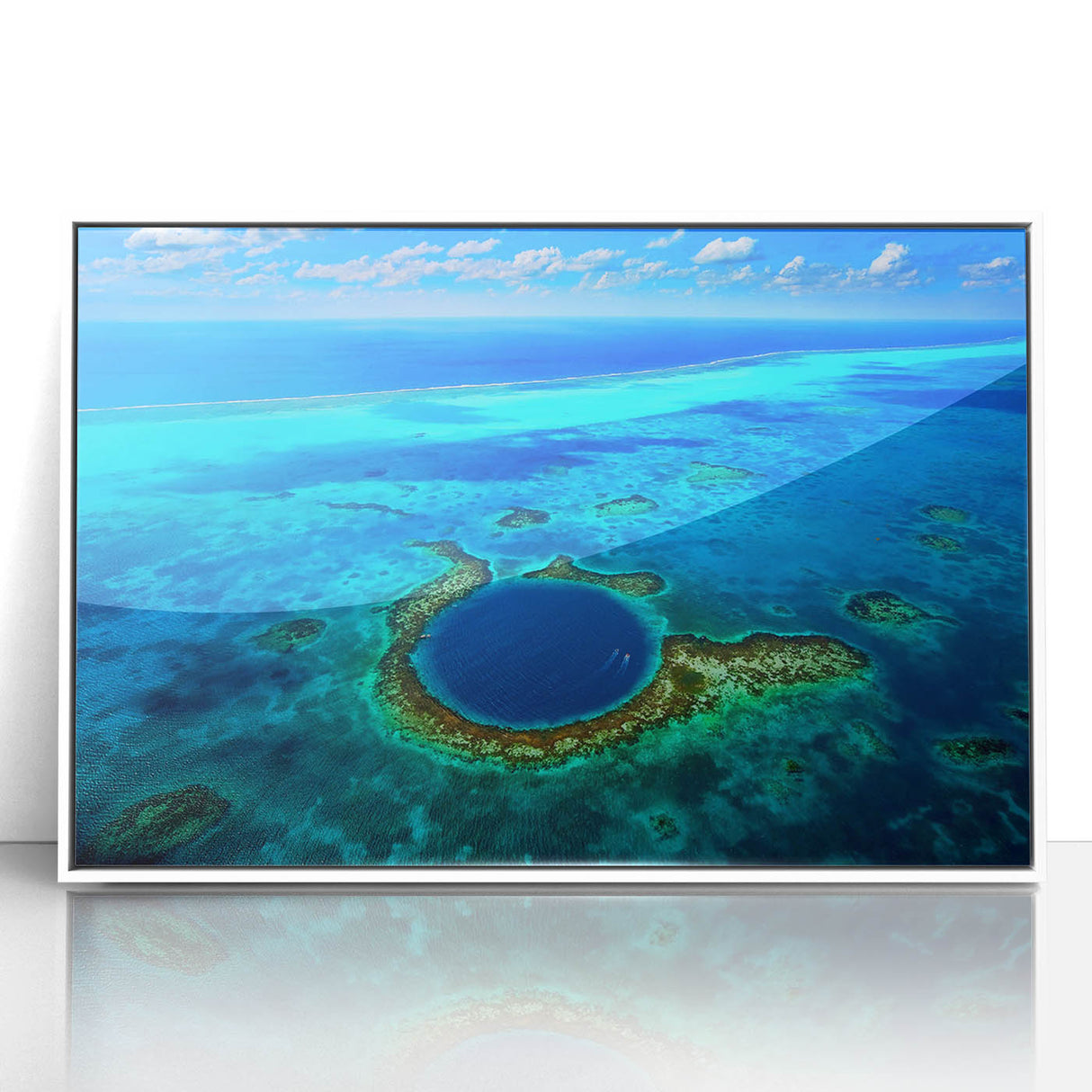 Acrylic print of a serene Central American landscape, framed in white, suitable as modern art wall decor or nursery wall art.