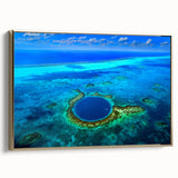 Framed canvas depicting a vintage-style Belize landscape with lush greenery and a gold frame.