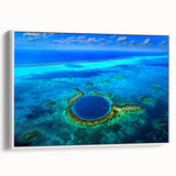 Vintage poster art of Belize scenery on extra large framed canvas, blending colorful art with black accents.