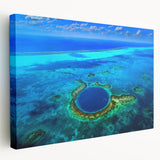 Side view of a stretched canvas featuring a scenic Central American landscape in muted green and blue tones.