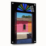 Acrylic print of a Central American landscape in vibrant green and blue tones, ideal for dining room decor.