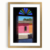 Extra large abstract art print of Central American scenery in muted earth tones, framed in gold, ideal for living room decor.