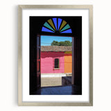 Textured abstract art print depicting a serene Central American landscape in muted earth tones, framed in silver.